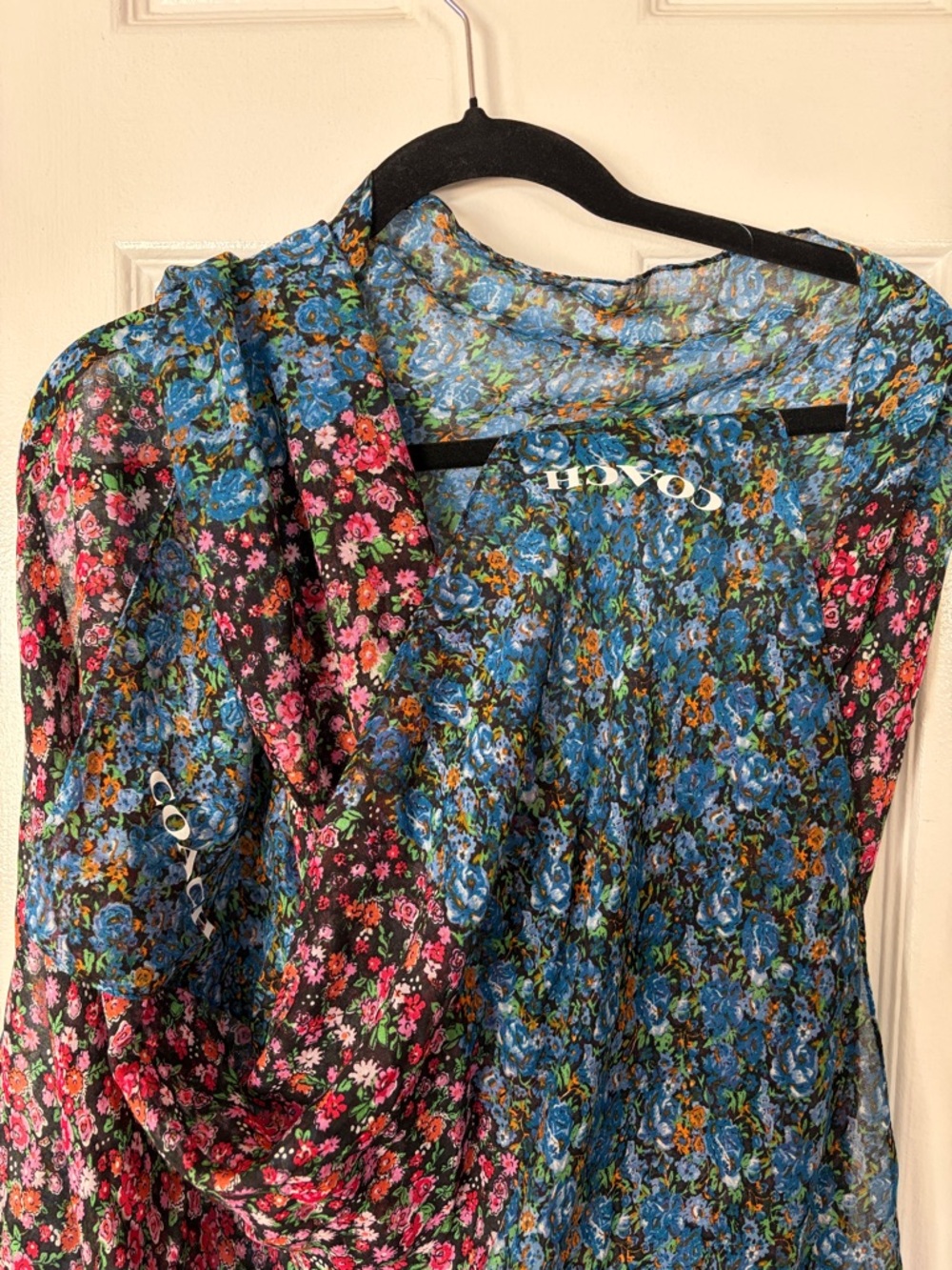 Coach Black Floral Scarf with Pink & Blue Blooms - Picture 2 of 7